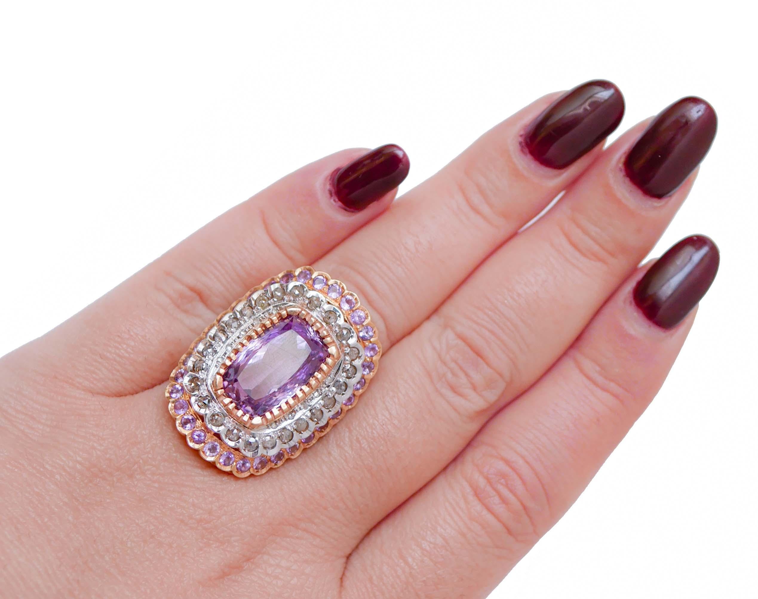 Amethysts, Diamonds, Rose Gold and Silver Ring. In Good Condition In Marcianise, Marcianise (CE)