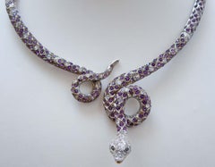 Amethysts, Diamonds, Rose Gold and Silver Snake Necklace.