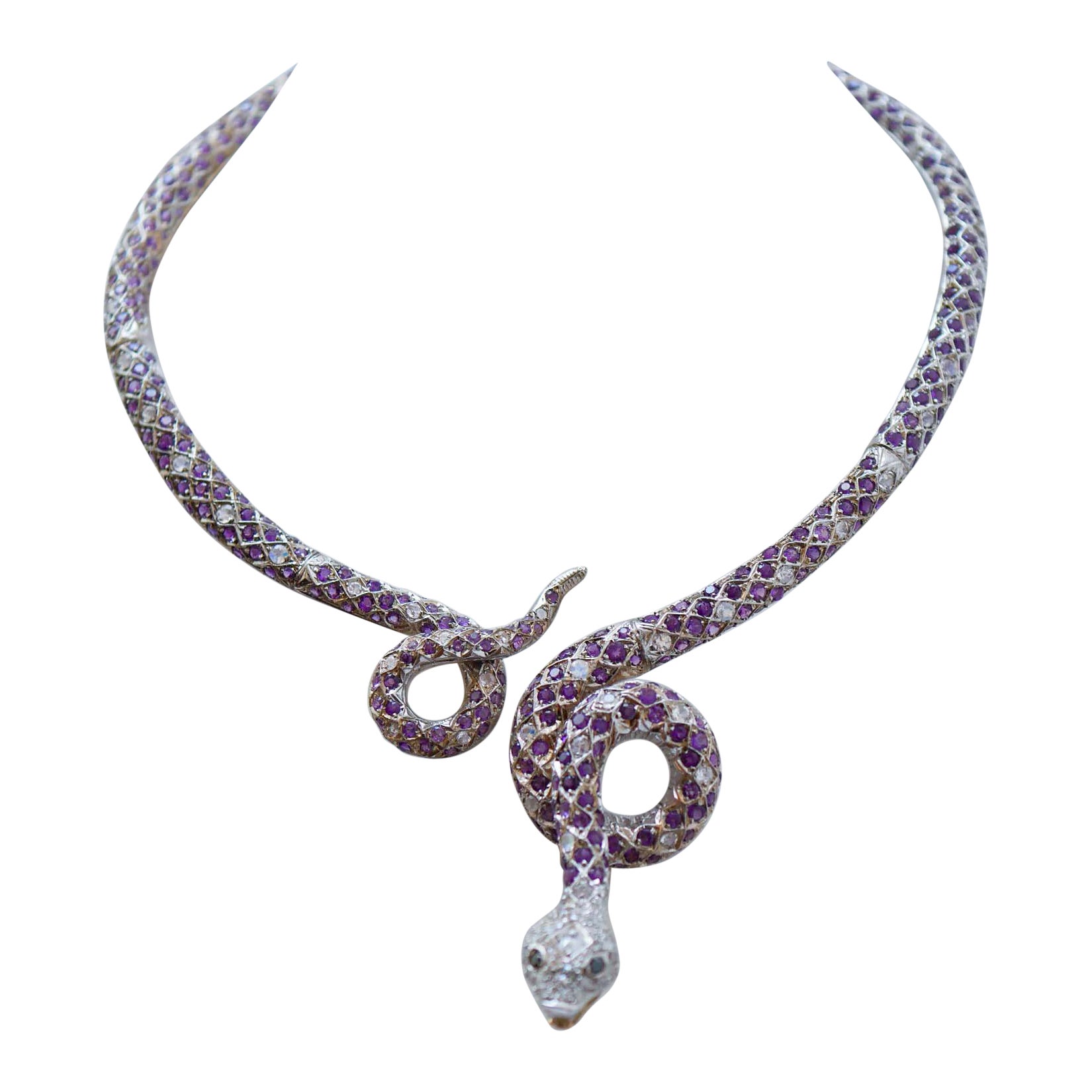 Collana a serpente con ametiste, diamanti, oro rosa e argento. in vendita