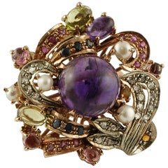 Amethysts, Diamonds, Rubies, Sapphires, Peridot, Garnets, Pearls, Rose Gold&Silver Ring