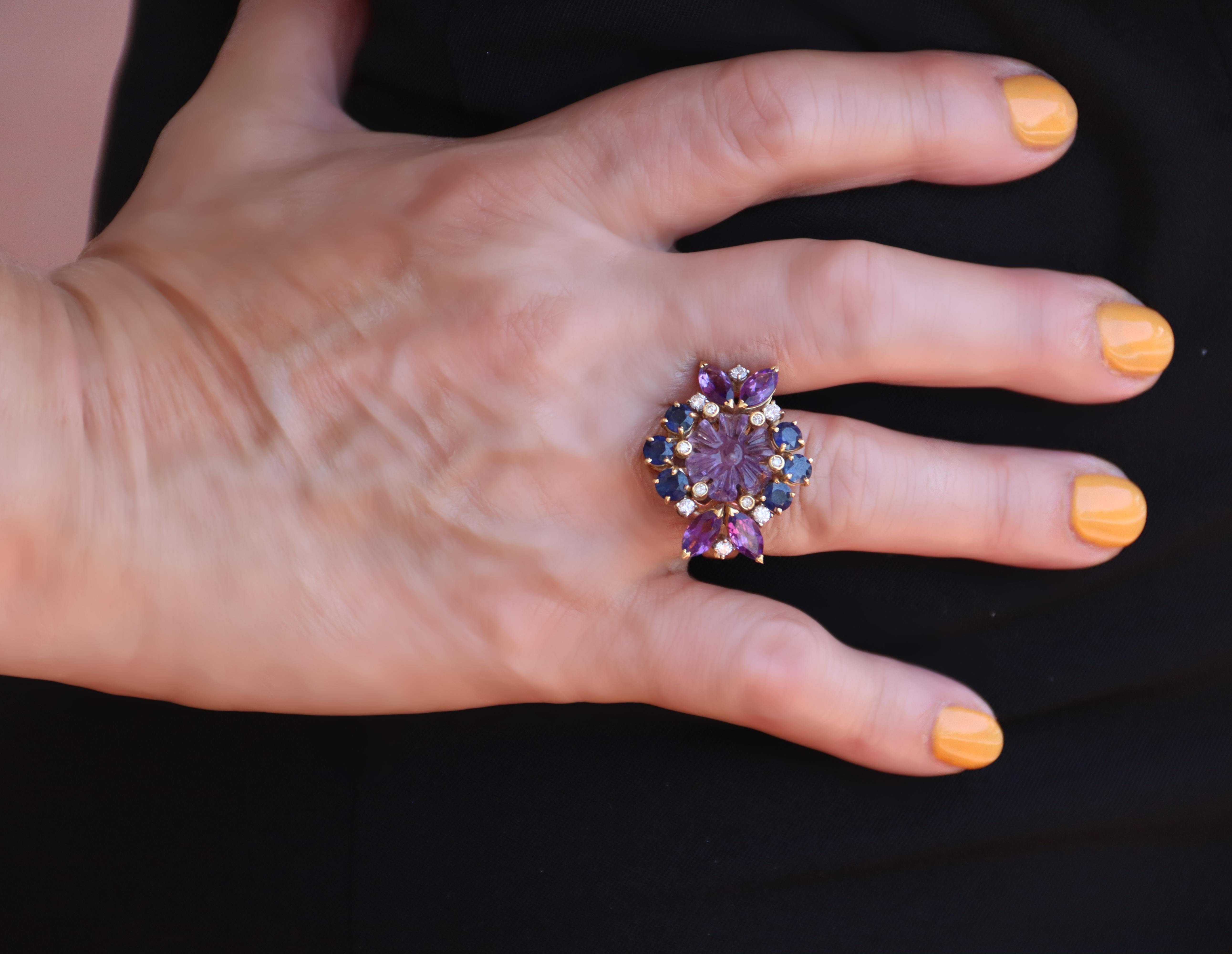Amethysts diamonds sapphires Yellow Gold 18 Carat Cocktail Ring  For Sale 6