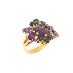Amethysts diamonds sapphires Yellow Gold 18 Carat Cocktail Ring