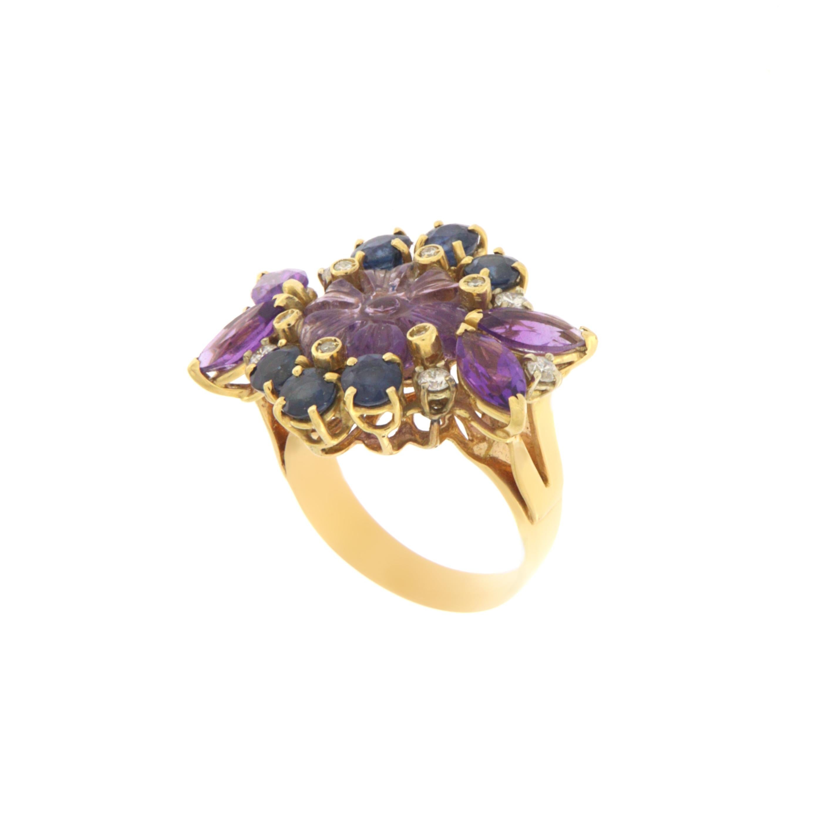 Artisan Amethysts diamonds sapphires Yellow Gold 18 Carat Cocktail Ring  For Sale