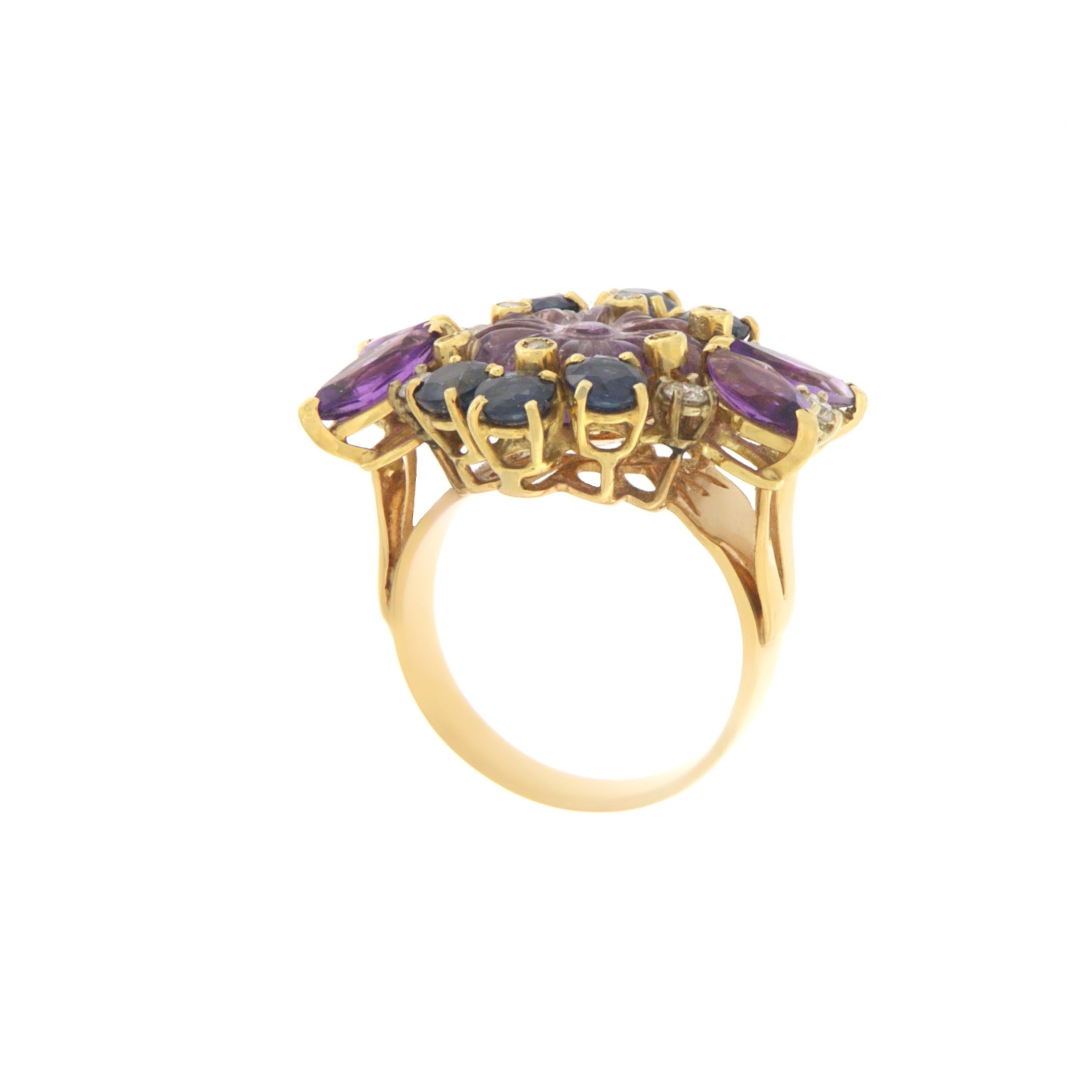Round Cut Amethysts diamonds sapphires Yellow Gold 18 Carat Cocktail Ring  For Sale