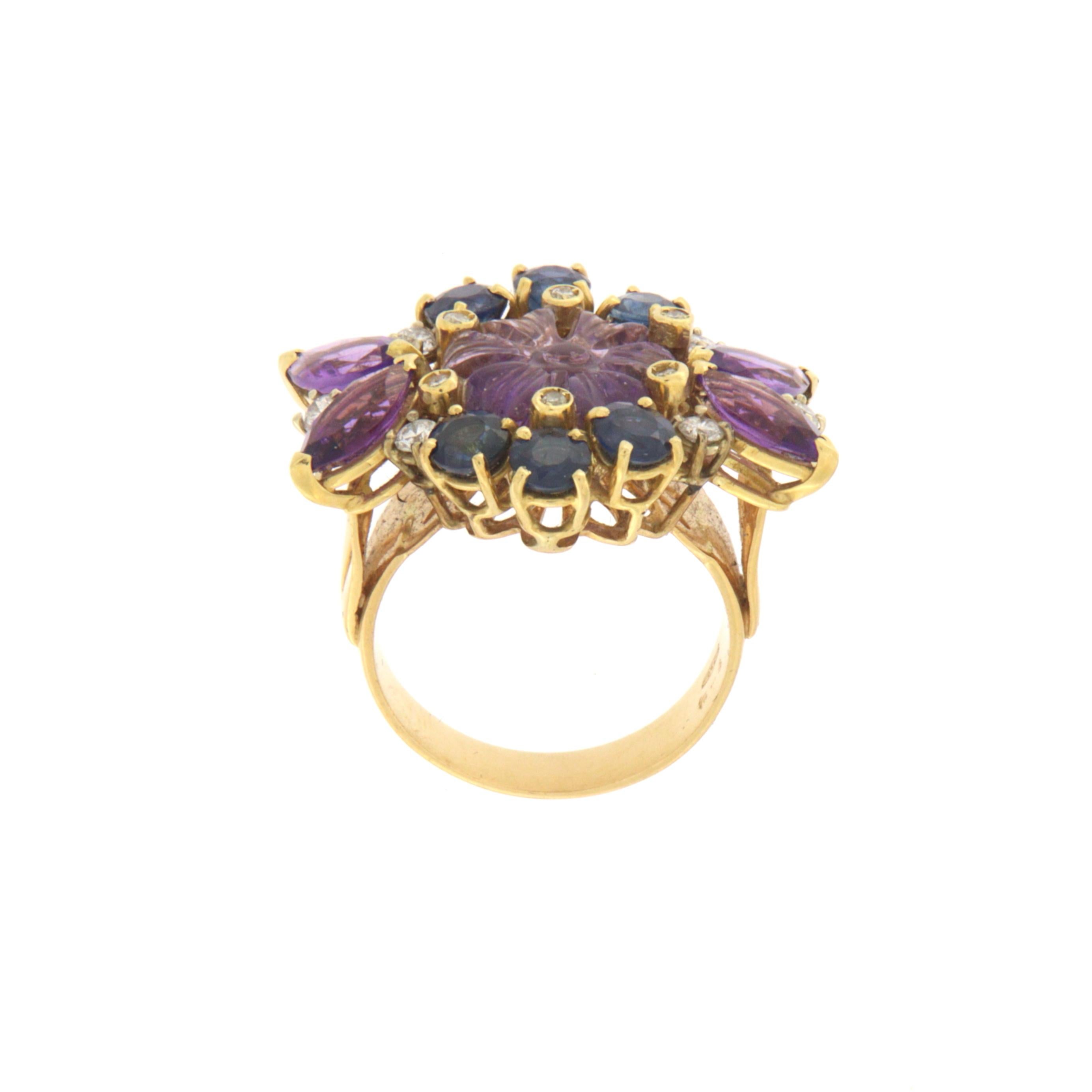 Amethysts diamonds sapphires Yellow Gold 18 Carat Cocktail Ring  In New Condition For Sale In Marcianise, IT