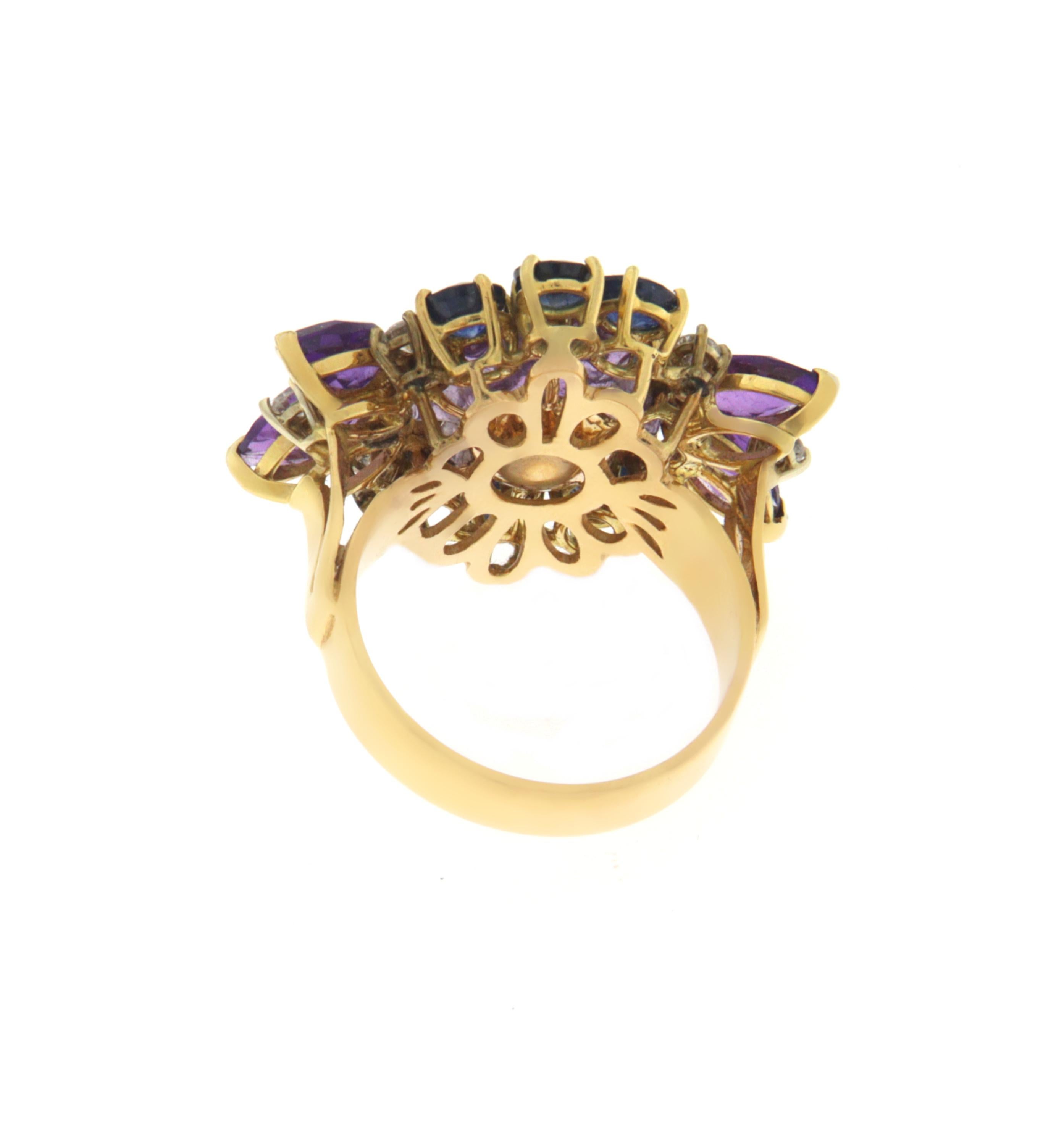 Women's Amethysts diamonds sapphires Yellow Gold 18 Carat Cocktail Ring For Sale
