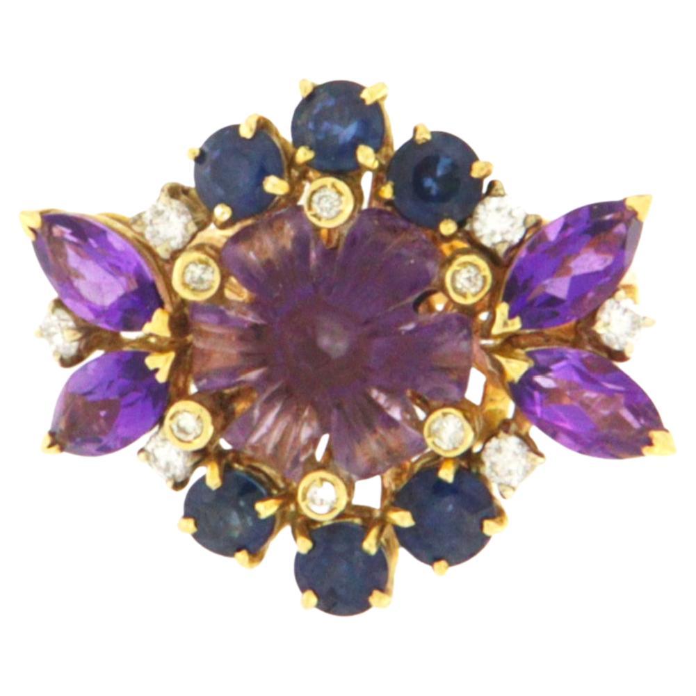 Amethysts diamonds sapphires Yellow Gold 18 Carat Cocktail Ring  For Sale