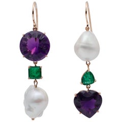 Amethysts, Emeralds, Baroque Pearl, 14 Karat Rose Gold Dangle Earrings