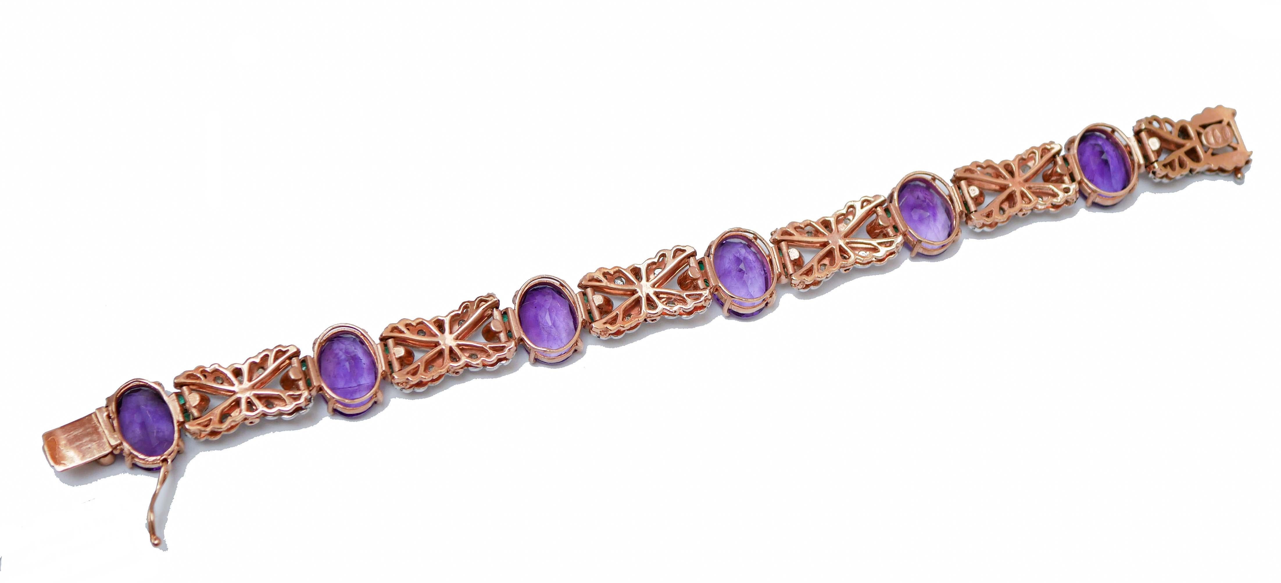 Retro Amethysts, Emeralds, Diamonds, Rose Gold and Silver Bracelet. For Sale
