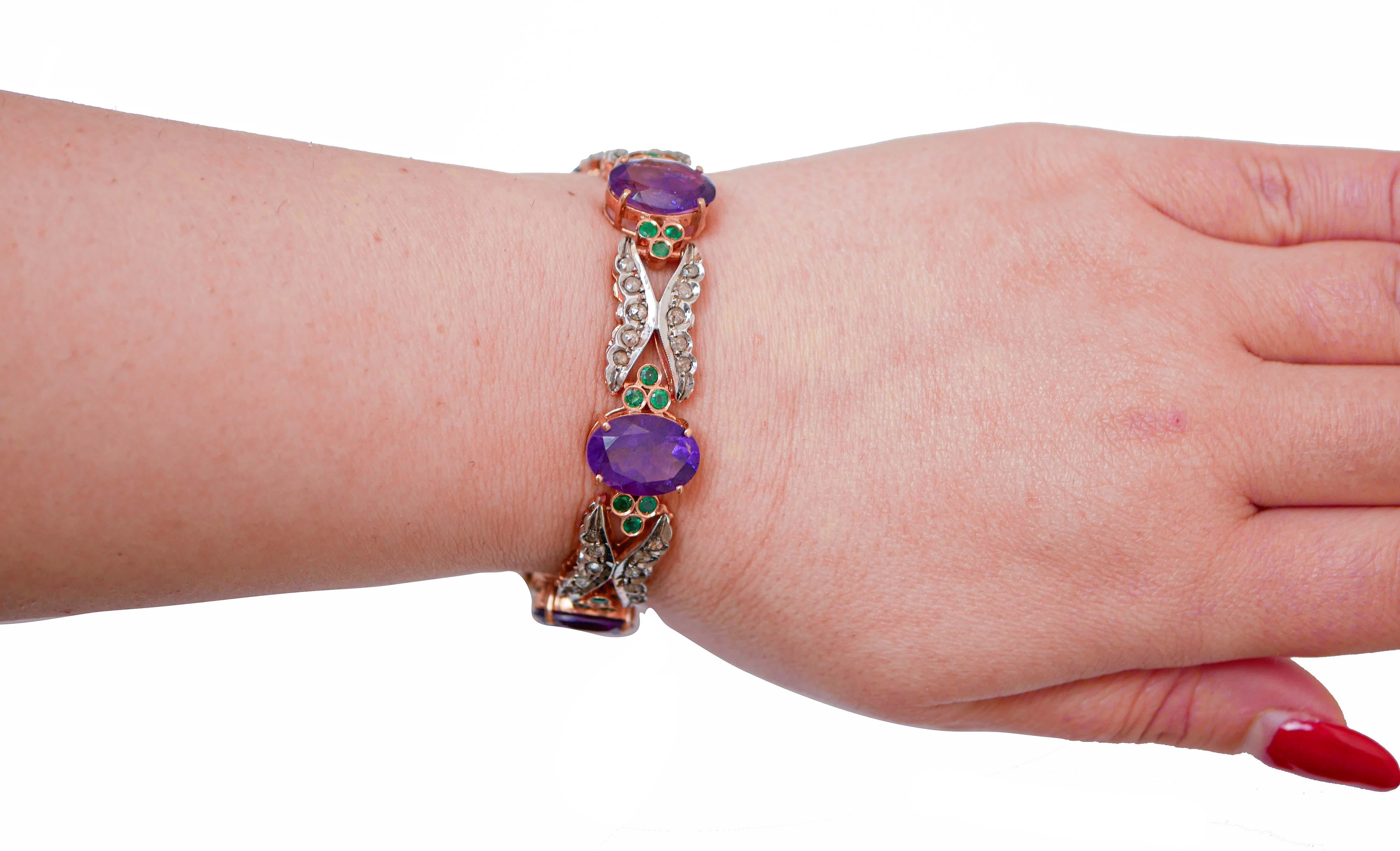 Mixed Cut Amethysts, Emeralds, Diamonds, Rose Gold and Silver Bracelet. For Sale