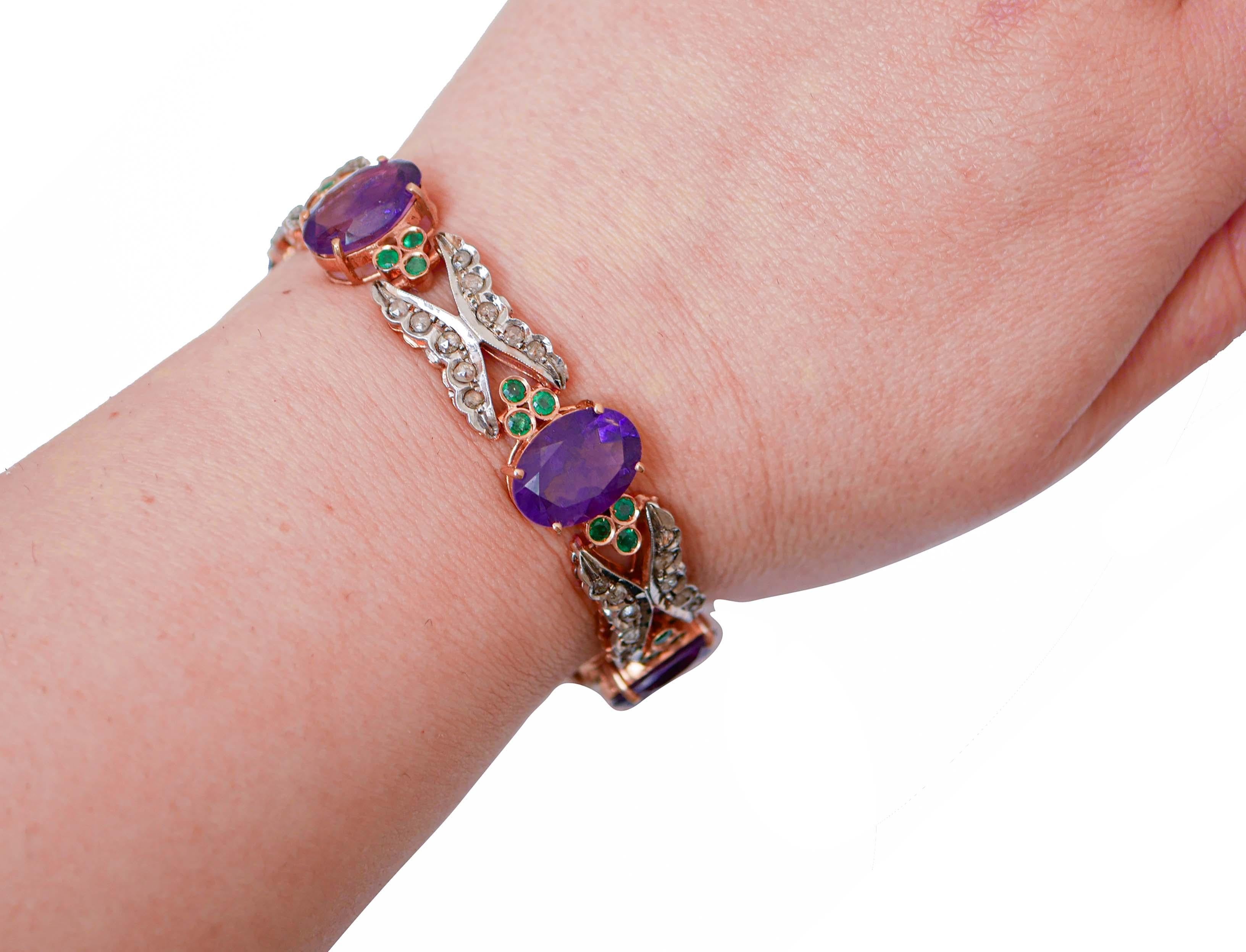 Amethysts, Emeralds, Diamonds, Rose Gold and Silver Bracelet. In Good Condition For Sale In Marcianise, Marcianise (CE)