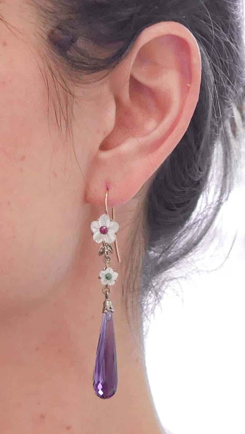 Mixed Cut Amethysts, Emeralds, Diamonds, Rubies, White Stones, Gold and Silver Earrings For Sale