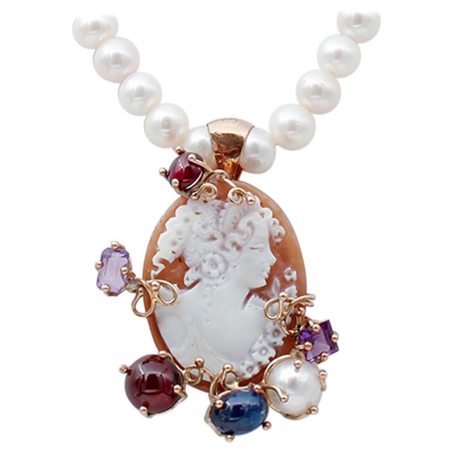 Amethysts Garnets Stone Pearls, Cameo, 9Kt Rose Gold and Silver Pendant Necklace
