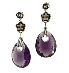 Amethysts, White Stones, Emeralds, Diamonds White Gold Drop Earrings