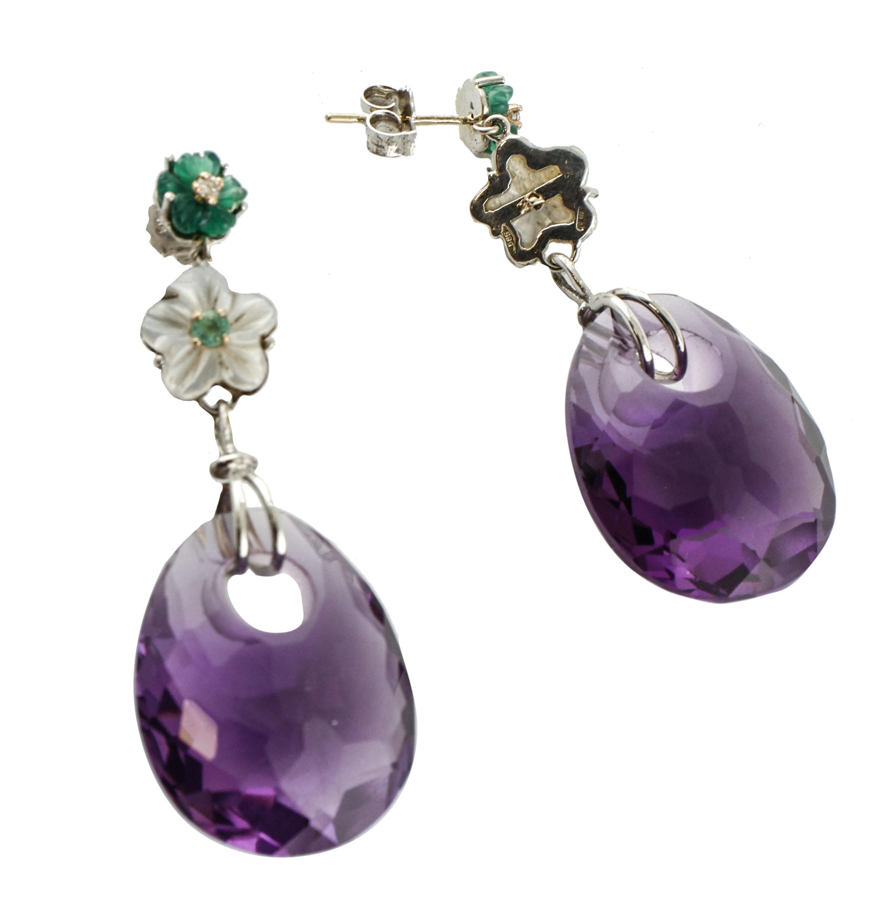 Retro Amethysts, White Stones, Emeralds, Diamonds White Gold Drop Earrings For Sale