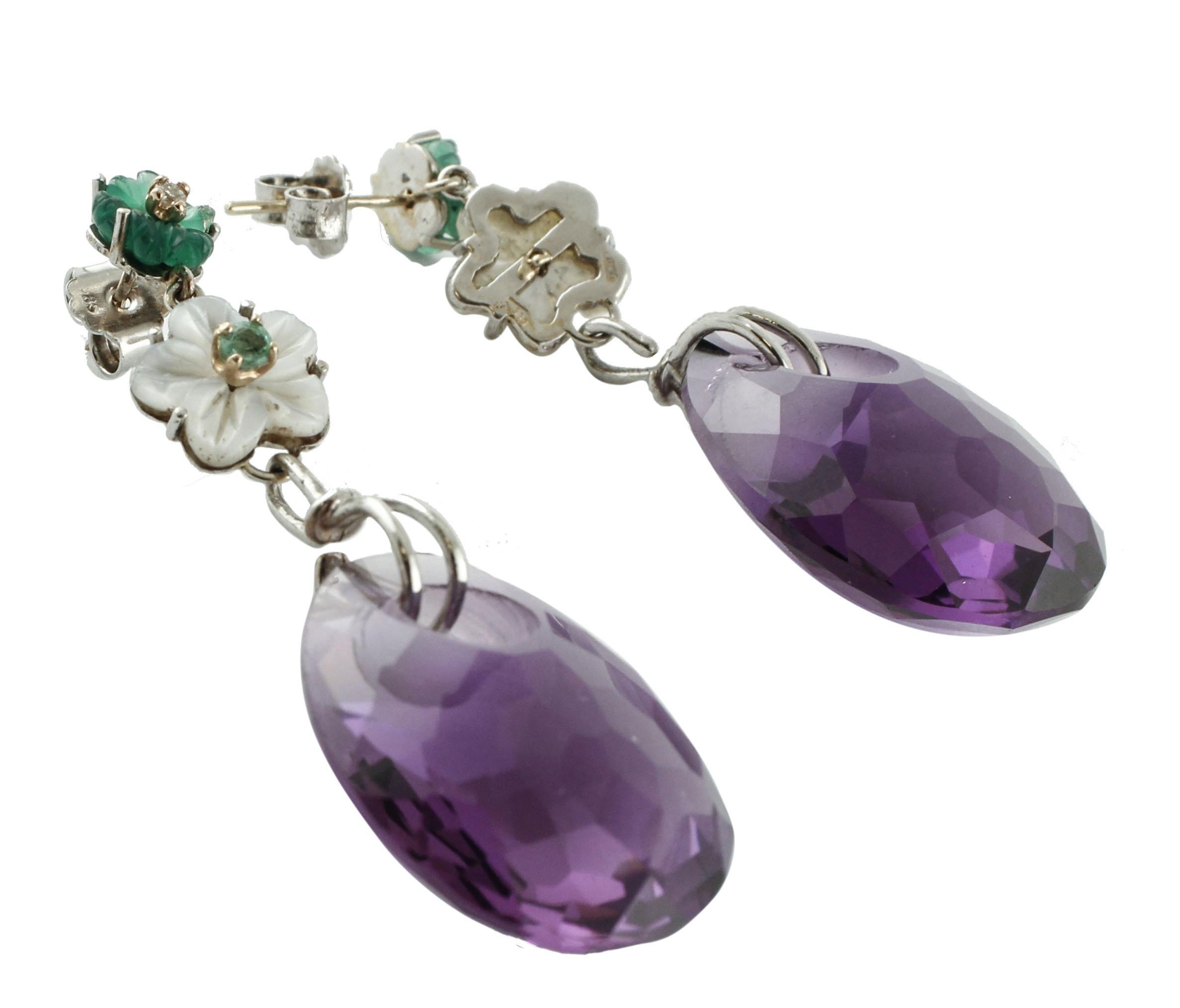 Mixed Cut Amethysts, White Stones, Emeralds, Diamonds White Gold Drop Earrings For Sale