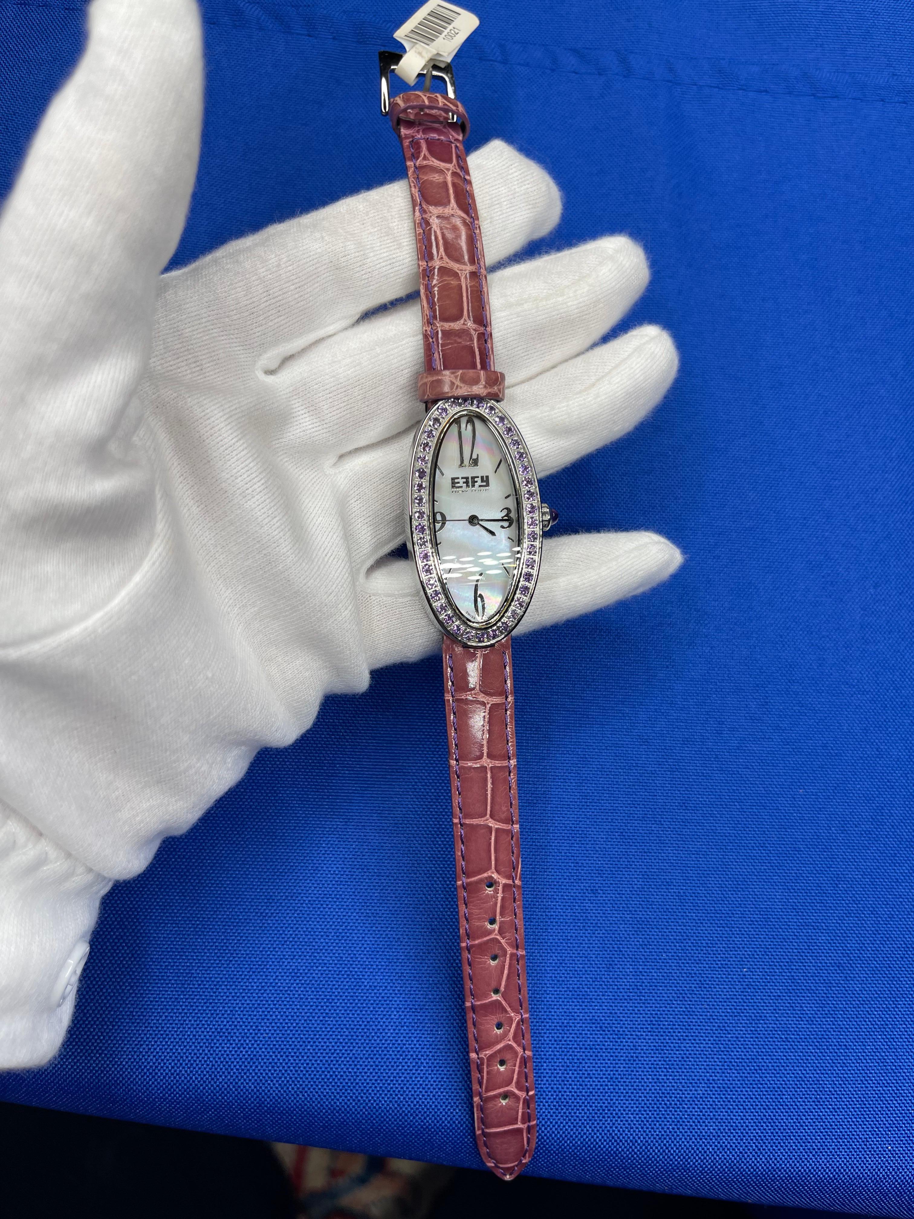 Amethysten Pave Zifferblatt Luxus Schweizer Quarz Exotische Lederband Uhr (Gemischter Schliff) im Angebot