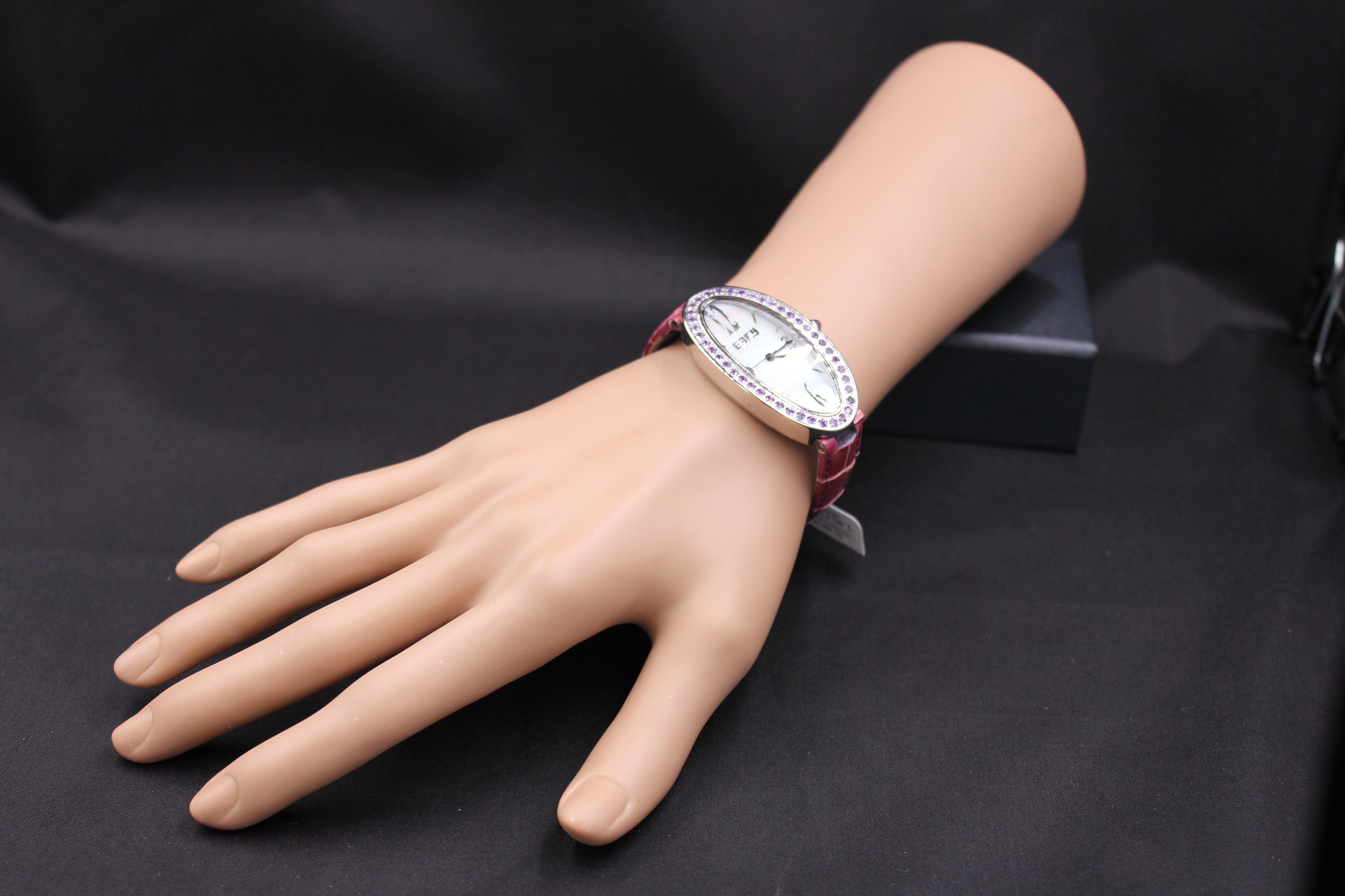 Amethysten Pave Zifferblatt Luxus Schweizer Quarz Exotische Lederband Uhr im Angebot 1