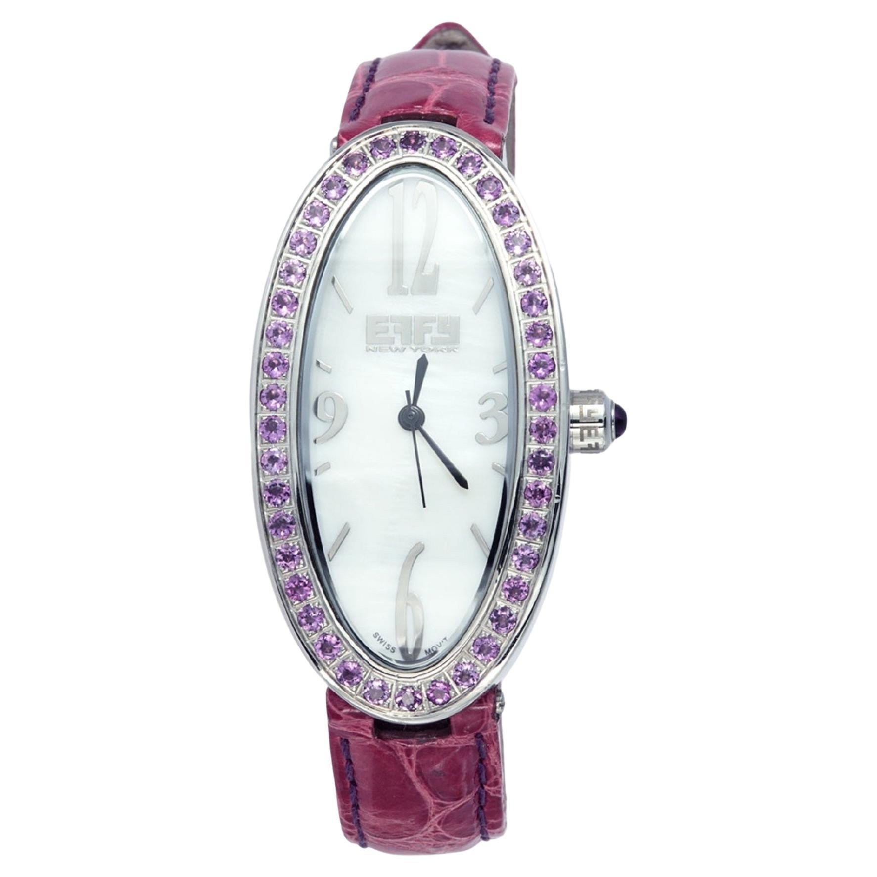 Amethysten Pave Zifferblatt Luxus Schweizer Quarz Exotische Lederband Uhr im Angebot