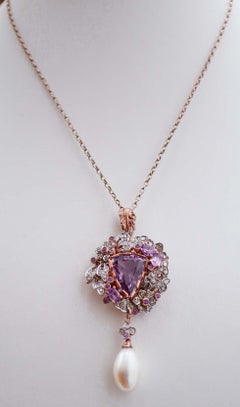 Amethysts, Pearl, Diamonds, Rose Gold and Silver Pendant.
