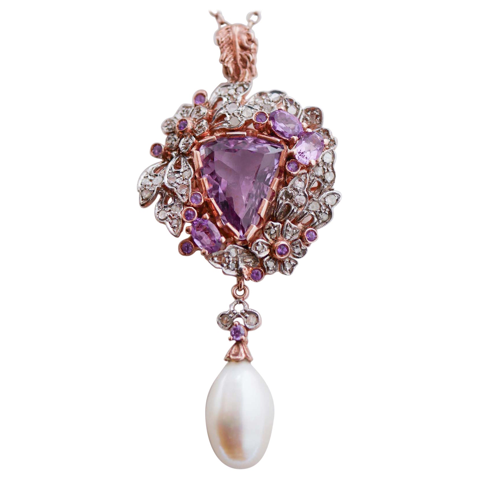 Amethysts, Pearl, Diamonds, Rose Gold and Silver Pendant.