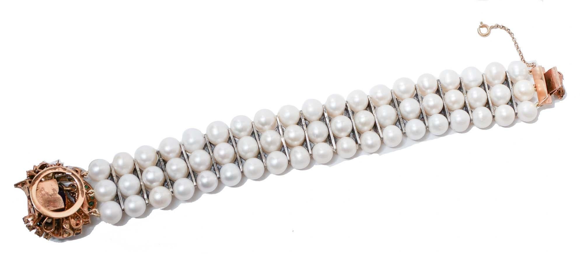 Retro Amethysts, Pearls, Diamonds, Iolite, Topaz, Tsavorite, Gold and Silver Bracelet. For Sale