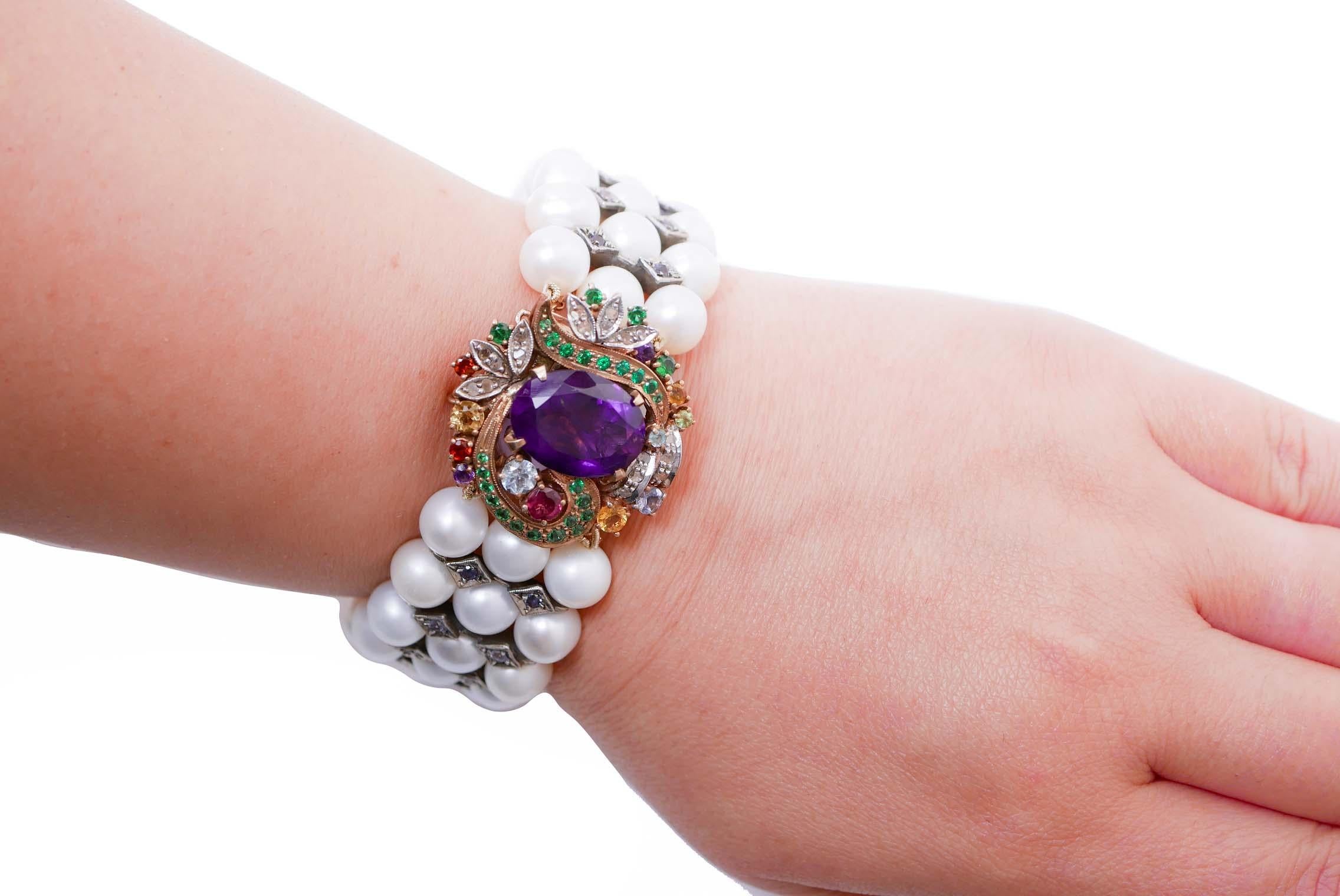 Mixed Cut Amethysts, Pearls, Diamonds, Iolite, Topaz, Tsavorite, Gold and Silver Bracelet. For Sale