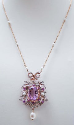 Amethysts, Pearls, Diamonds, Rose Gold and Silver Pendant Necklace.