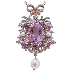 Amethysts, Pearls, Diamonds, Rose Gold and Silver Pendant Necklace.