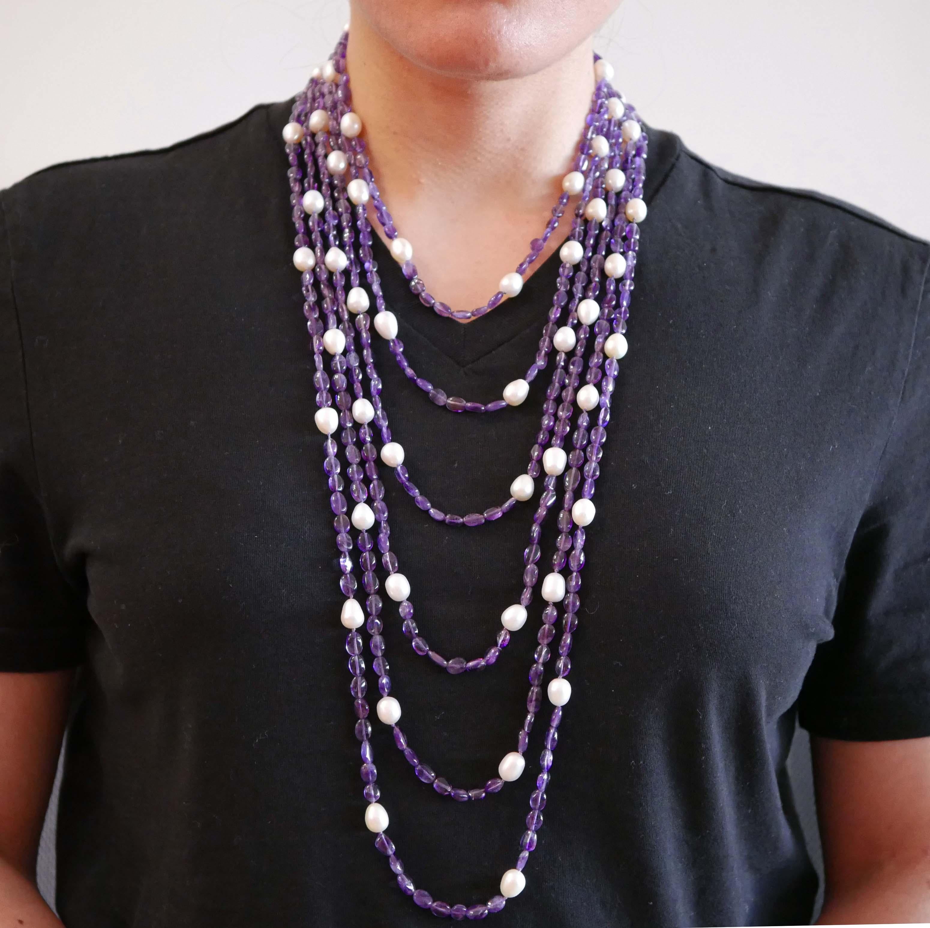 Mixed Cut Amethysts, Pearls, Multi-Strands Necklace. For Sale