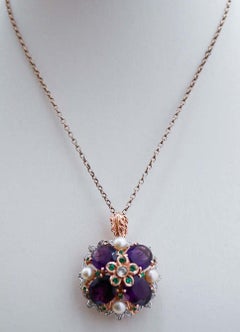 Ametiste, perle, spinello, diamanti, collana con ciondolo in oro rosa e argento.
