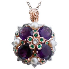 Ametiste, perle, spinello, diamanti, collana con ciondolo in oro rosa e argento.