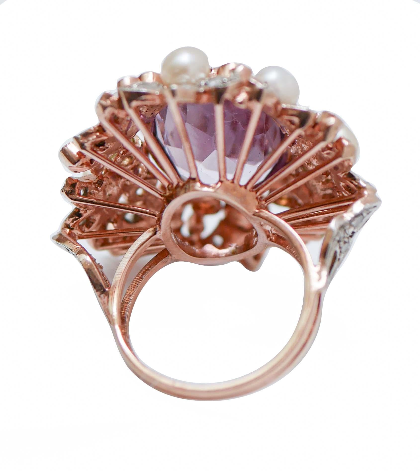 Retro Amethysts, Peridots, Topazs, Diamonds, Pearls, 14 Kt Rose Gold and Silver Ring. For Sale