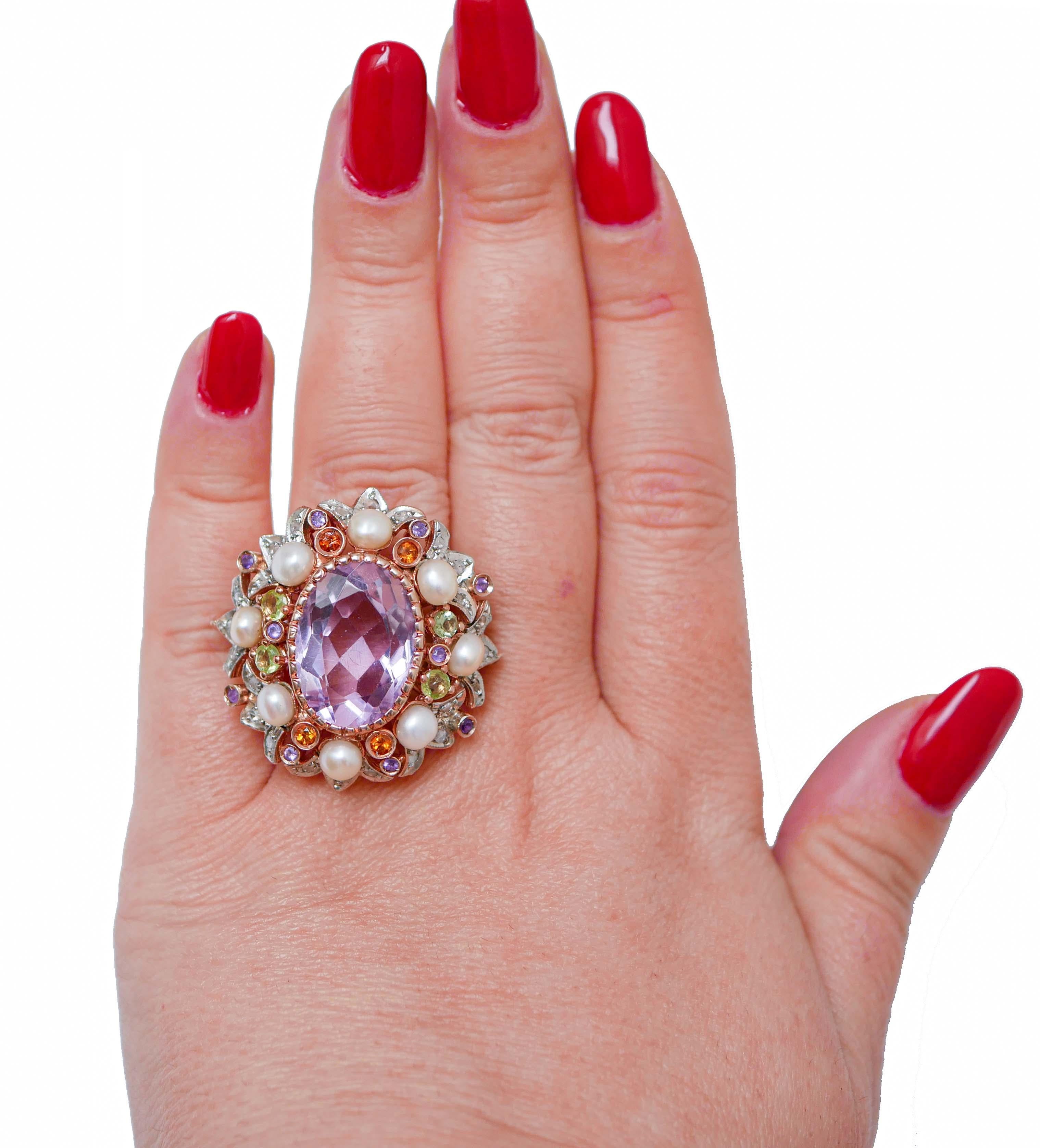 Mixed Cut Amethysts, Peridots, Topazs, Diamonds, Pearls, 14 Kt Rose Gold and Silver Ring. For Sale