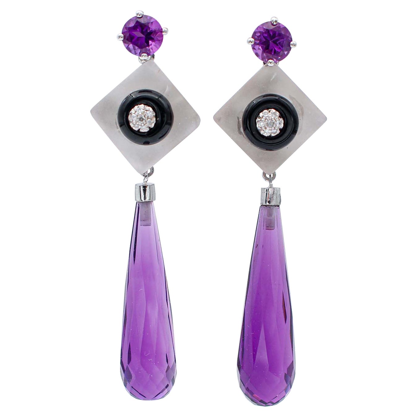 Boucles d'oreilles pendantes en améthyste, cristal de roche, onyx, diamants, platine