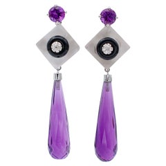 Amethysts, Rock Crystal, Onyx, Diamonds, Platinum Dangle Earrings