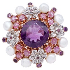 Amethysts, Rubies, Diamonds, Pearls, 9 Karat Rose Gold and Silver Ring