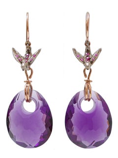 Amethysts, Rubies, Diamonds, Rose Gold and Silver Dangle Earrings.