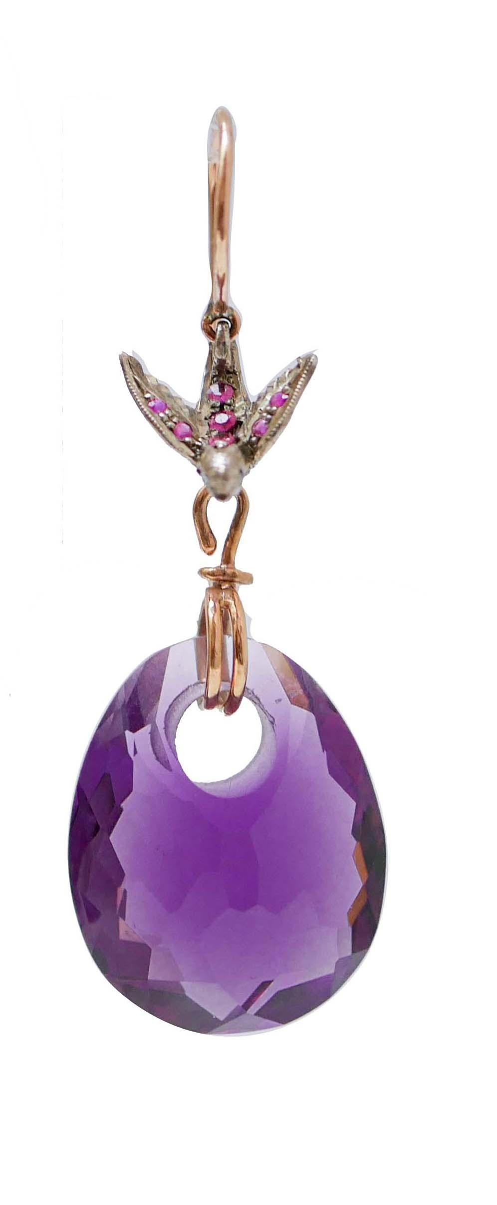 Retro Amethysts, Rubies, Diamonds, Rose Gold and Silver Dangle Earrings. For Sale