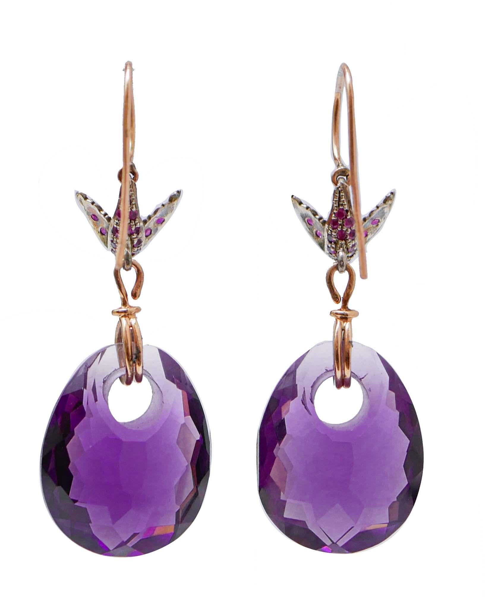 Mixed Cut Amethysts, Rubies, Diamonds, Rose Gold and Silver Dangle Earrings. For Sale