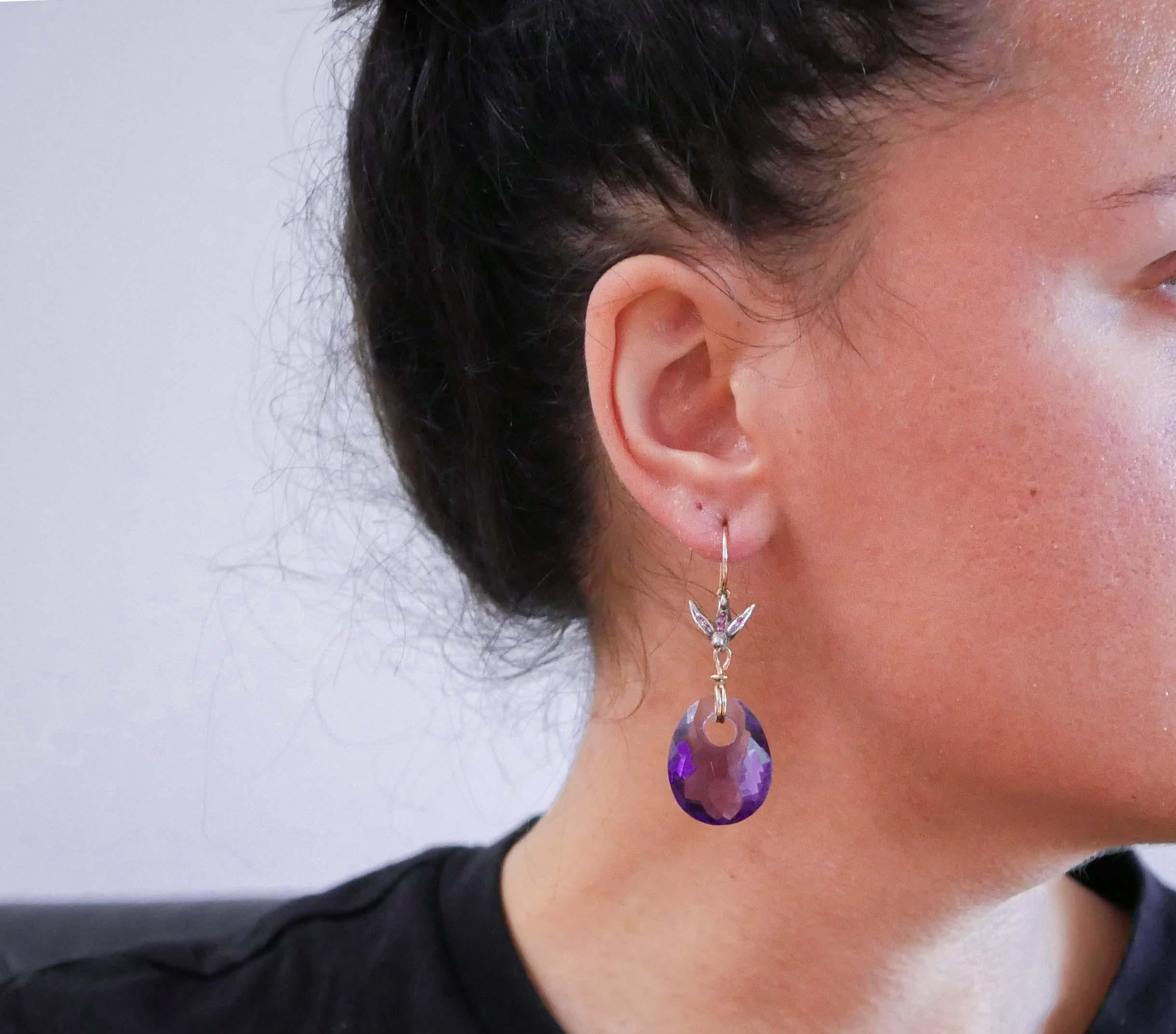 Amethysts, Rubies, Diamonds, Rose Gold and Silver Dangle Earrings. In New Condition For Sale In Marcianise, Marcianise (CE)
