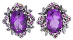 Amethysts, Rubies, Diamonds, Rose Gold and Silver Earrings.