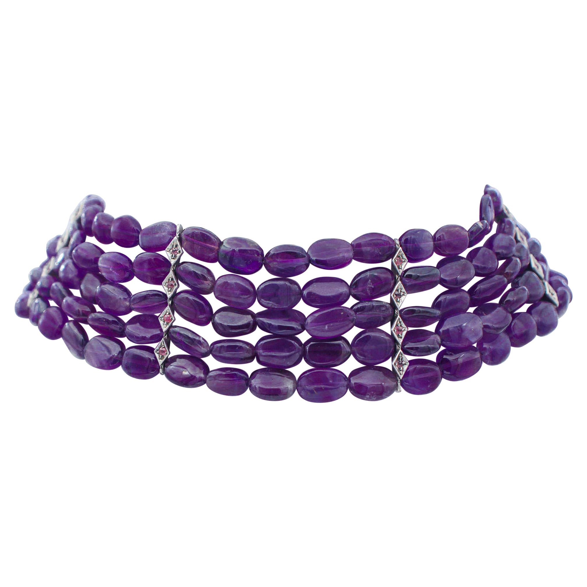 Amethysts, Rubies, Rose Gold and Silver Chocker Necklace.