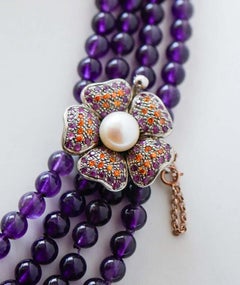 Amethysts, Rubies, Stones, Pearl, Rose Gold and Silver Necklace.