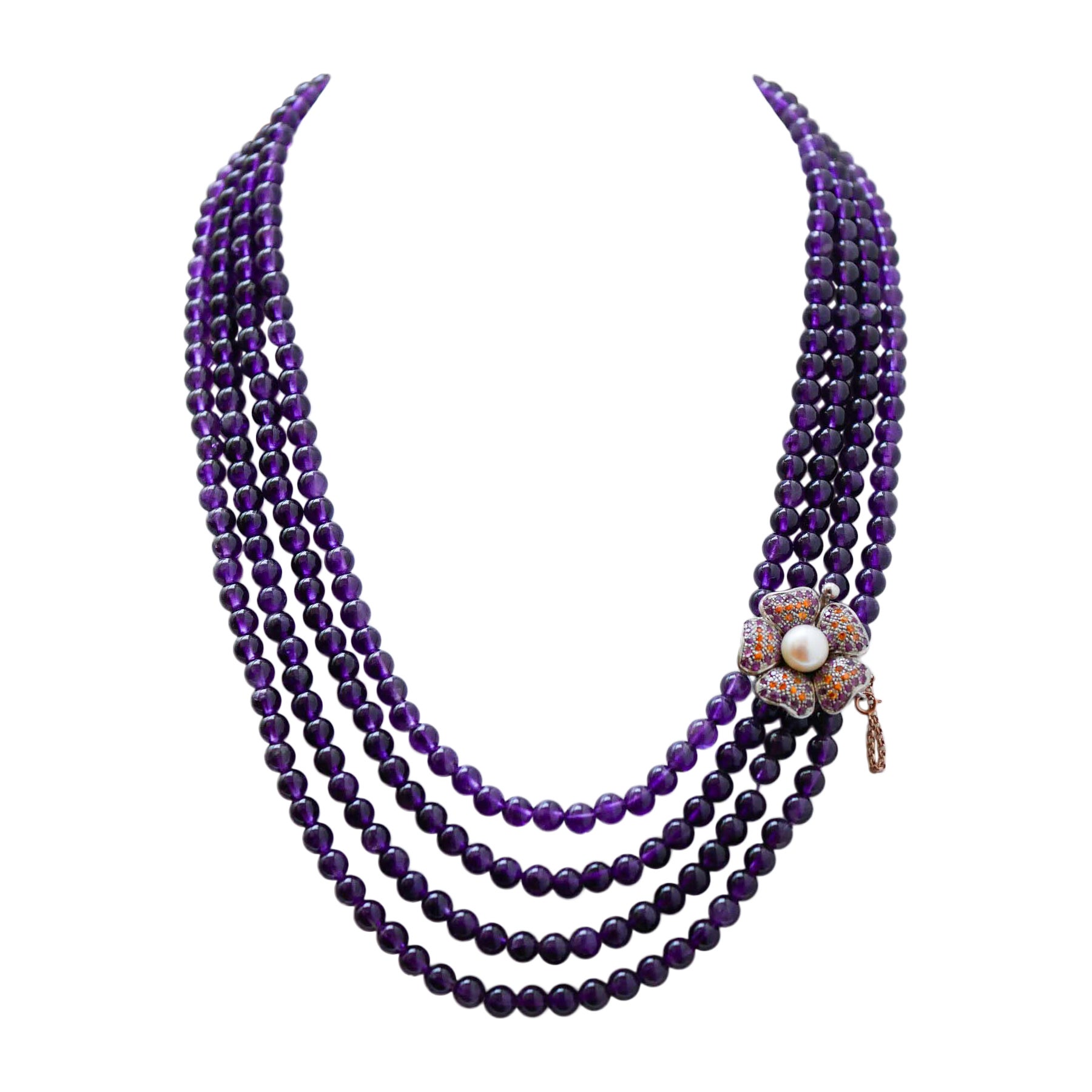 Amethysts, Rubies, Stones, Pearl, Rose Gold and Silver Necklace.