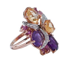 Amethysts, Rubies, Topaz, Diamonds, Rose Gold and Silver Ring.