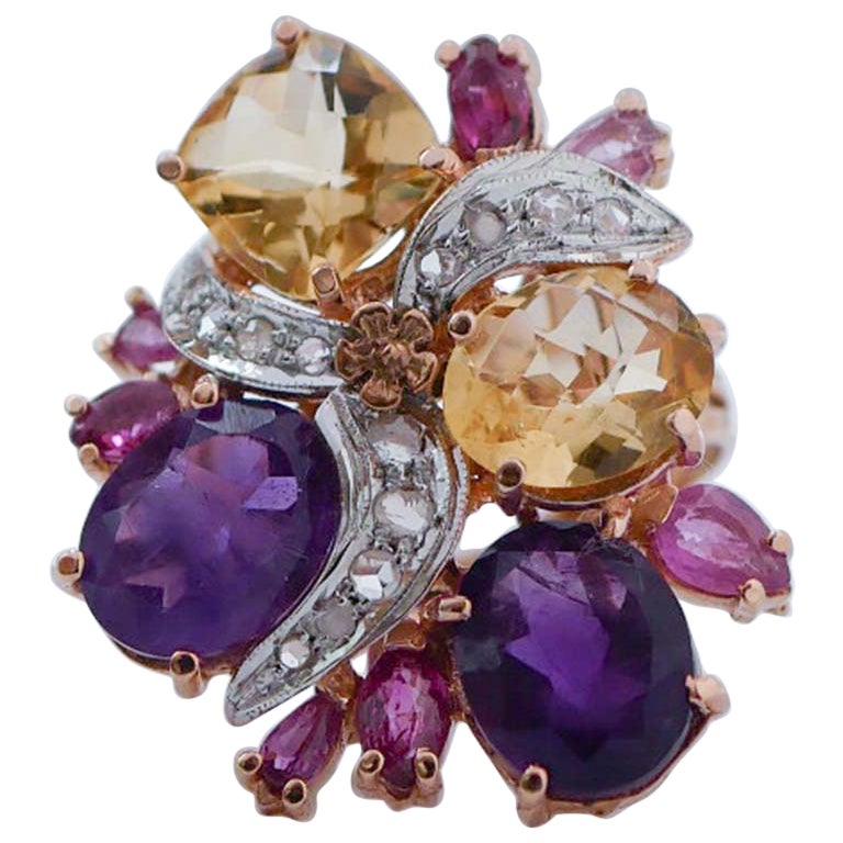 Amethyste, Rubine, Topas, Diamanten, Rose Gold und Silber Ring.