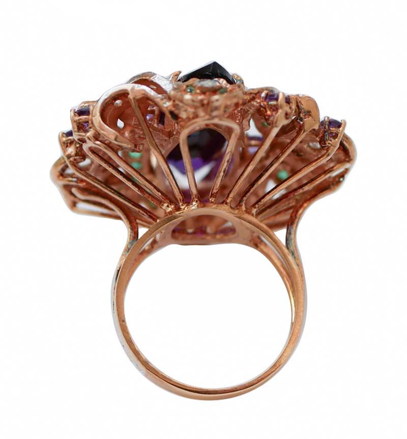 Retro Amethysts, Spinel, Diamonds, 14 Karat Rose Gold and Silver Ring. For Sale