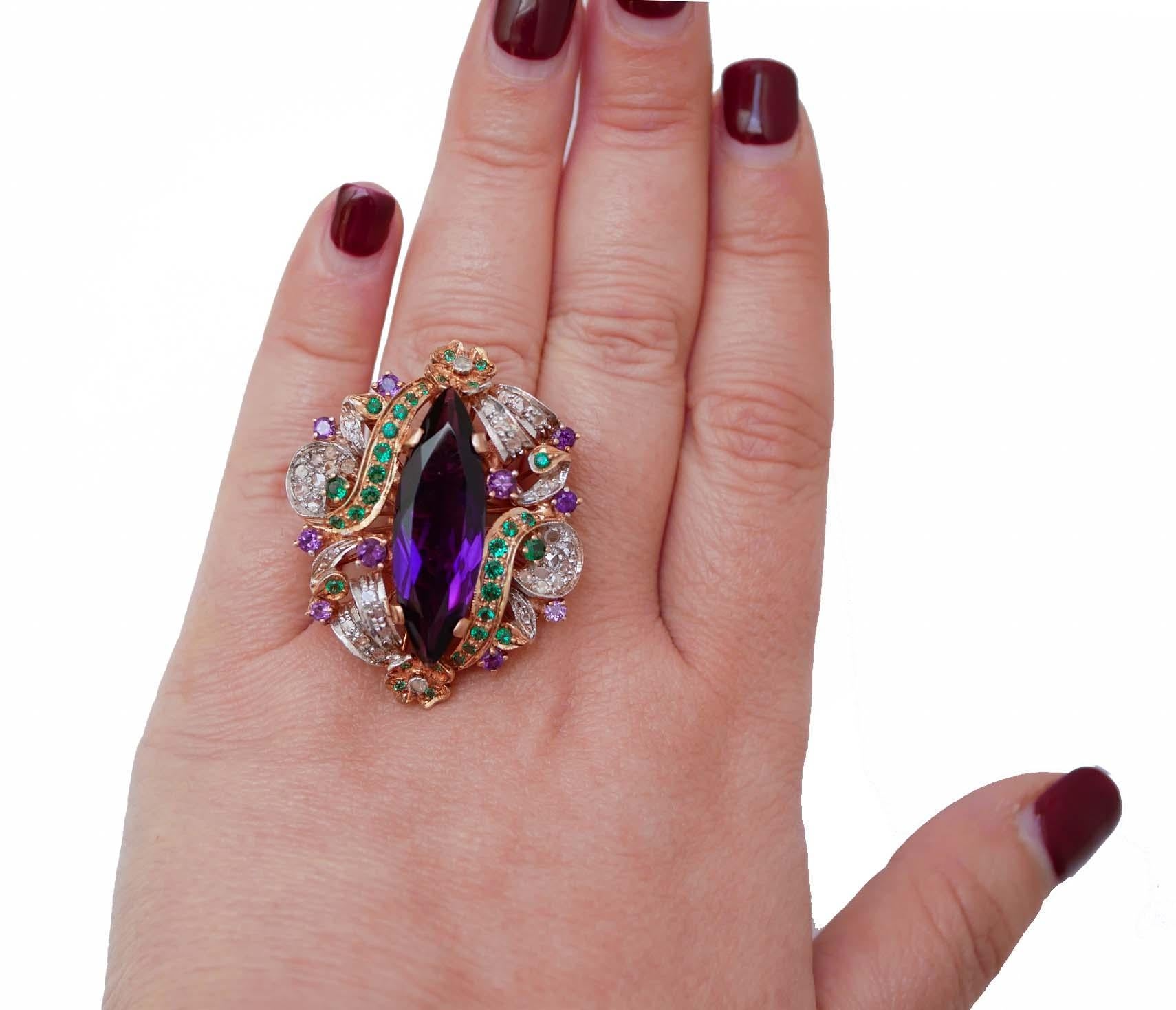 Mixed Cut Amethysts, Spinel, Diamonds, 14 Karat Rose Gold and Silver Ring. For Sale