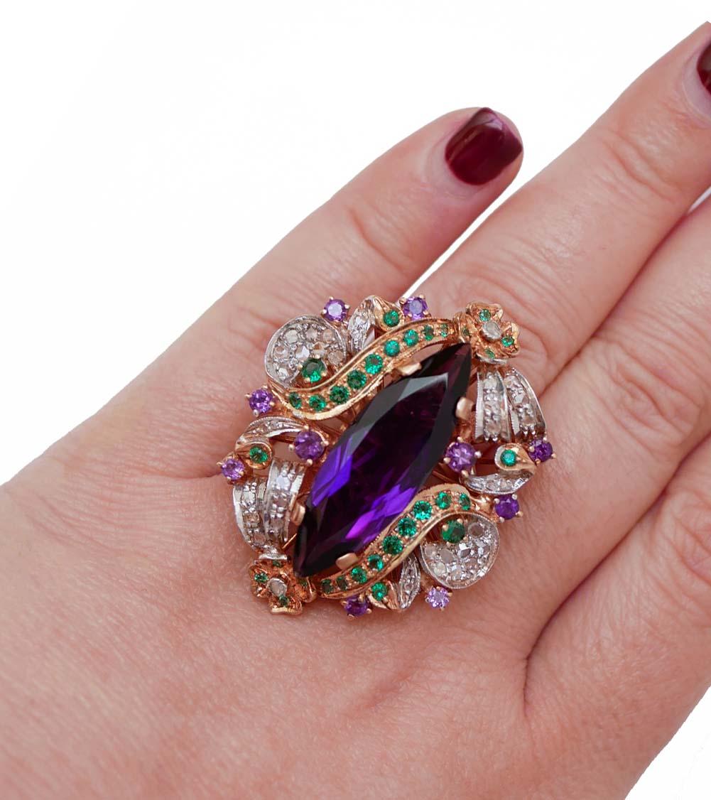 Amethysts, Spinel, Diamonds, 14 Karat Rose Gold and Silver Ring. In Good Condition For Sale In Marcianise, Marcianise (CE)